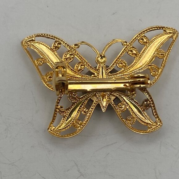 Vtg Petoskey Stone Butterfly Brooch Filigree Gold Tone Pin Box Michigan Fossil - Picture 9 of 10